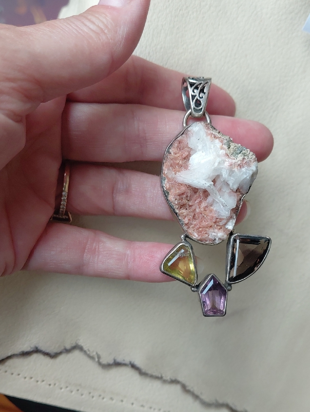 Natural Peach Hematoid Calcite Pendant with Multi-Gem Accents